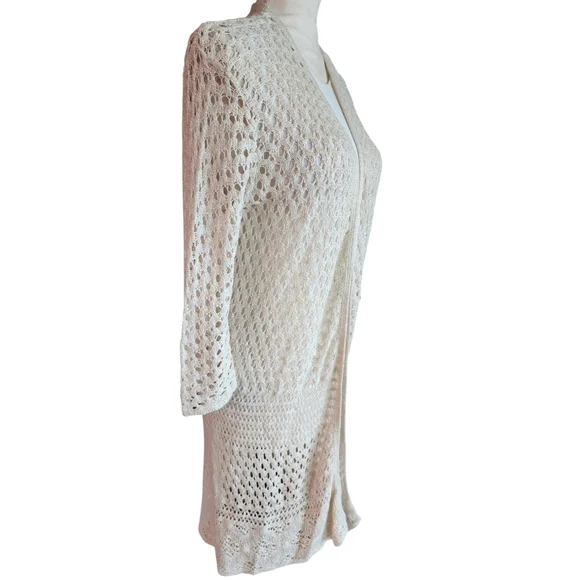 Christopher & Banks Off White Cream Crochet Knitted Open Long Cardigan Women's M - Picture 2 of 13